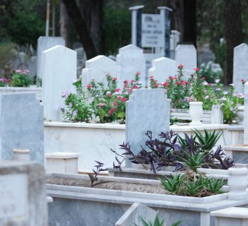 Gravestones and graves at Muslim cemetery. Background of islamic graveyard in Turkey.